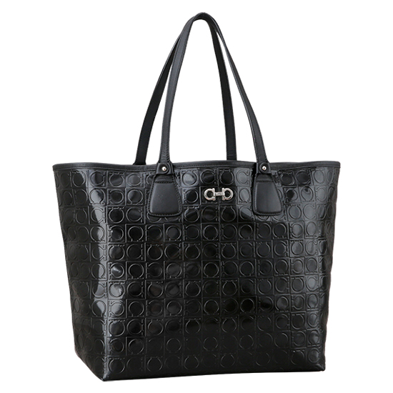 FERRAGAMO(USED)간치니 유광 블랙 레더 쇼퍼백