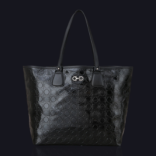 FERRAGAMO(USED)간치니 유광 블랙 레더 쇼퍼백